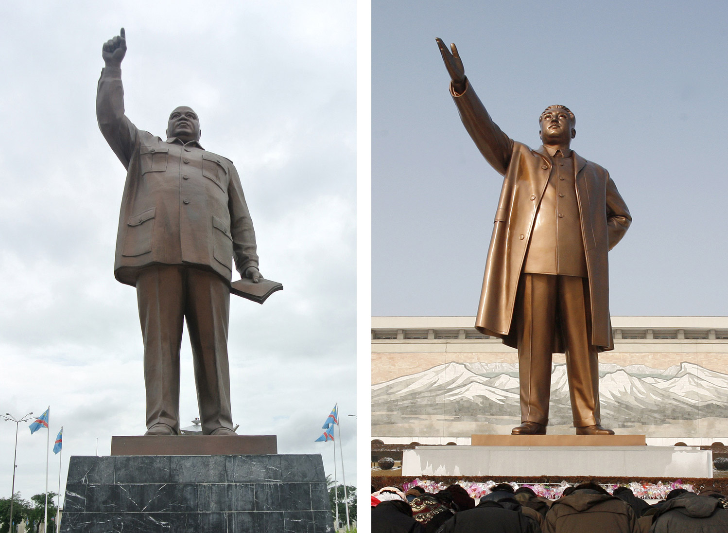 Laurent Kabila（左）和金日成（右）的雕像，地理位置相距十萬八千里，但由穿著到姿勢，幾乎都一模一樣。圖片來源：路透社