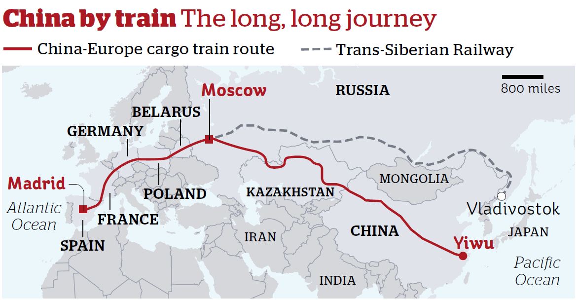 最長的鐵路：馬德里到浙江義烏鐵路全程 13000 公里。　圖片來源：skibbereen eagle