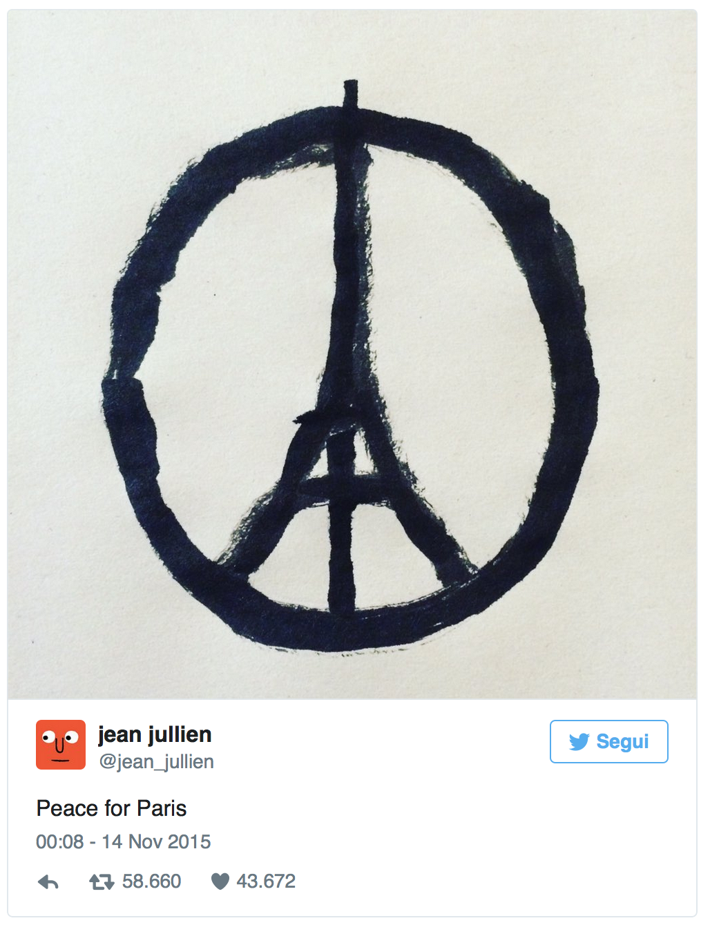 悼念巴黎恐怖襲擊的 "Peace For Paris" 標誌。圖片來源：Jean Jullien Twitter