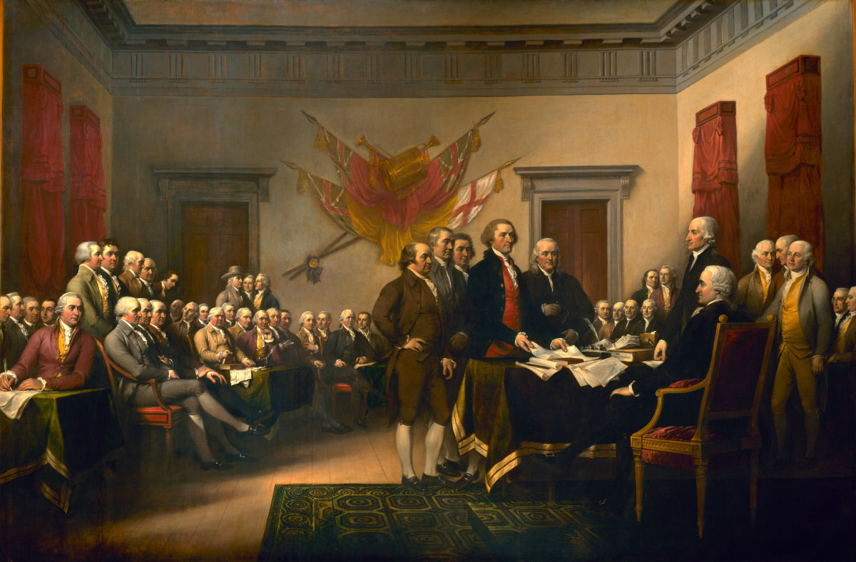 John Trumbull 所繪畫五人小組向大陸議會呈交獨立宣言的一刻。原畫放在美國國會大樓的圓形大廳。