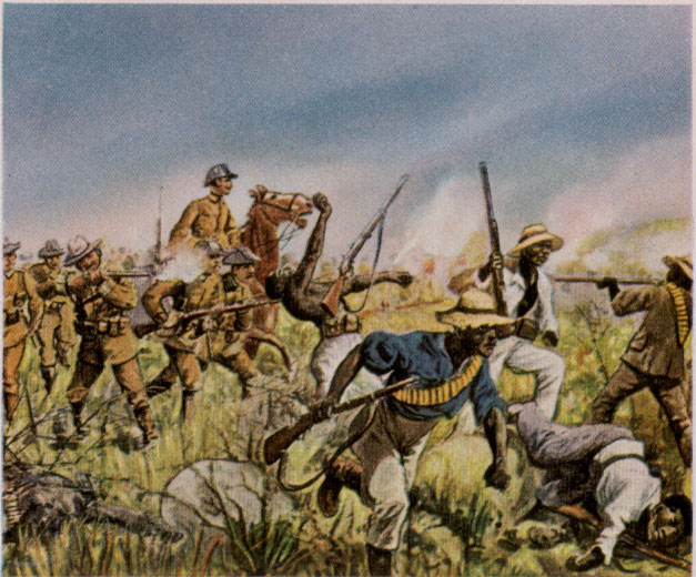 德軍正追殺赫雷羅族土著的畫作。 圖片來源：wikicommons