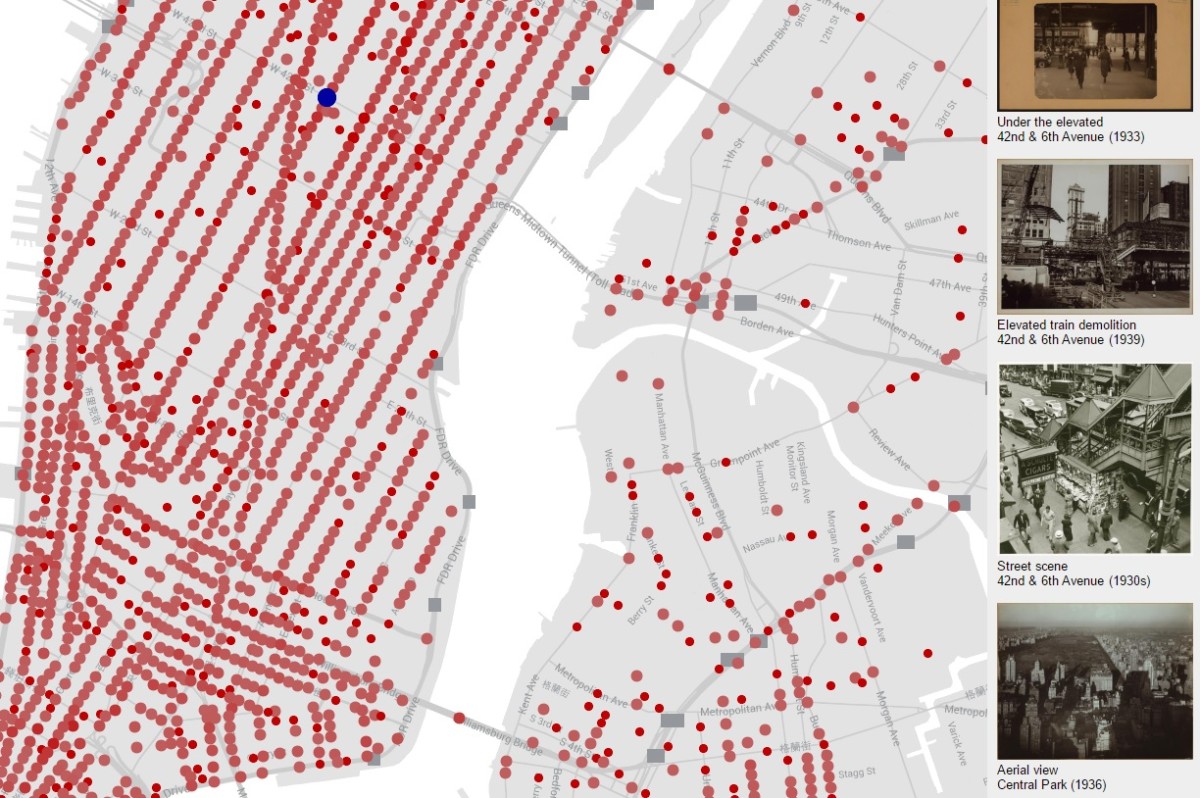 Dan Vanderkam 利用地理編碼製作舊紐約地圖，用家只需按下地圖上的紅點，便能觀看該地 19 世紀時的面貌。圖片來源：OldNYC