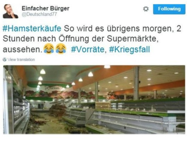 對於德國政府的儲糧建議，有網民發帖諷刺：「#搶購潮：超市開門後兩小時就會變這樣。」圖片來源：Einfacher Bürger/Twitter
