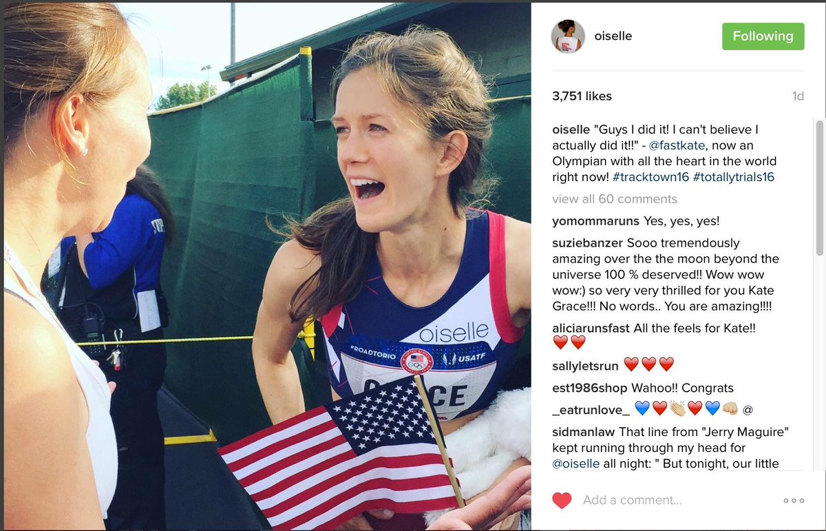 雖然選手 Kate Grace 身上的奧運標誌小得難以看見，但由於 Oiselle 並非官方贊助商，所以仍被美國奧委會要求刪相。圖片來源：oiselle/instagram