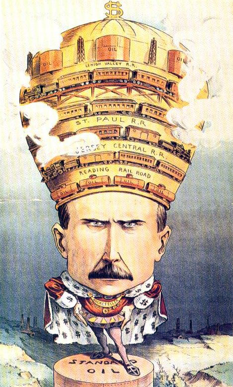 1901 年 Puck 雜誌漫畫中，洛克菲勒被描繪為資本皇帝。　圖片來源：Wikipedia