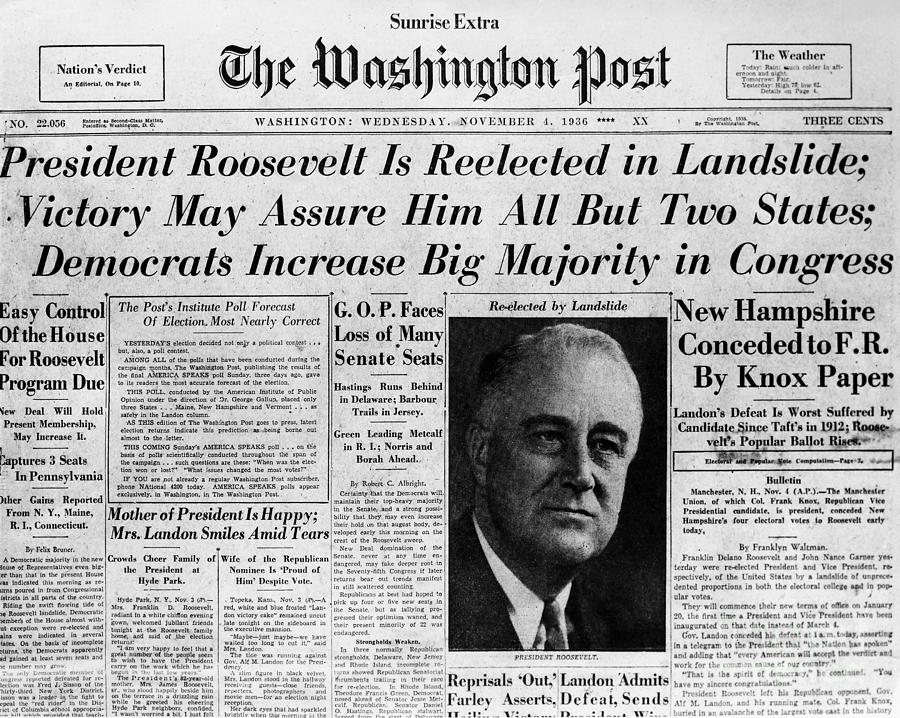 1936 年，一項具 230 萬受訪樣本的民調預告羅斯福將落選，結果恰恰相反，羅斯福幾乎全取所有州分。