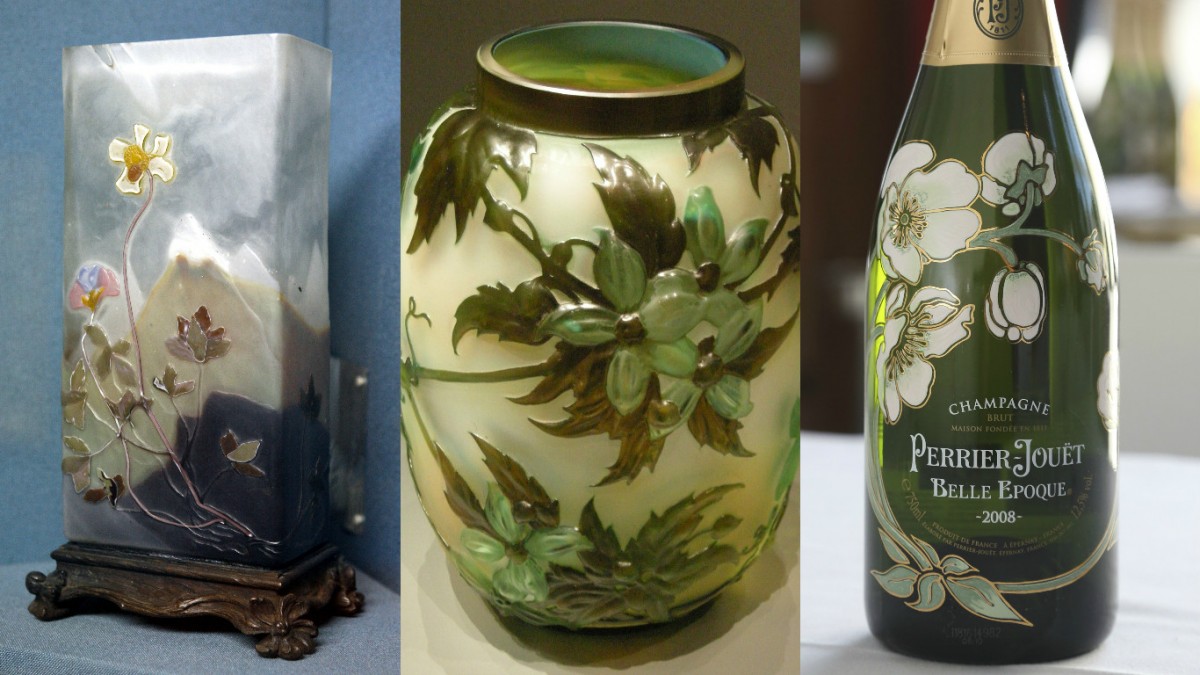 Emile Gallé 創作的雕刻水晶花瓶（左）及浮雕玻璃花瓶（中），與白銀蓮花的線條風格，同出一轍。