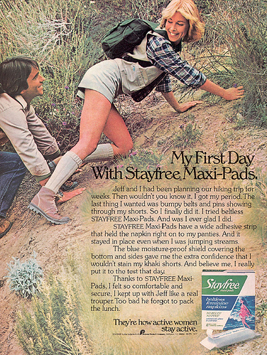 第一款無腰束衛生棉（belt-free pads）為 Stayfree 公司所生產。圖片來源：pinterest 