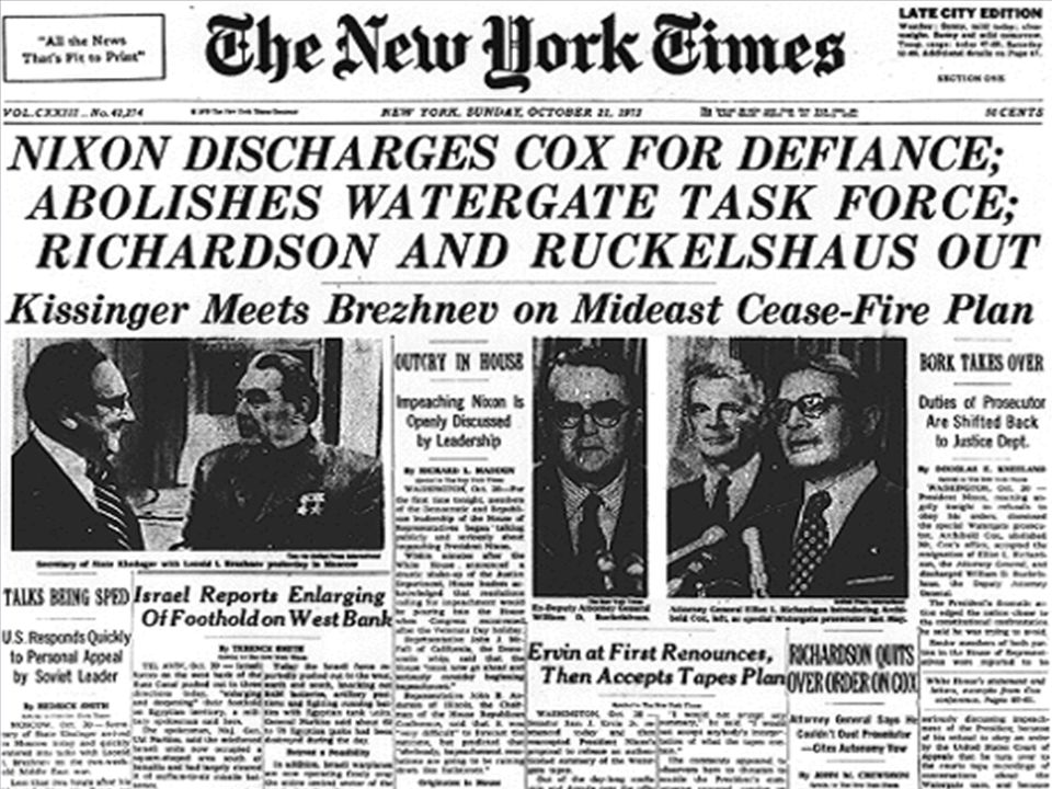 「紐約時報」報道，尼克遜就水門案調查工作，罷免考克斯及迫走理查森與其副手。