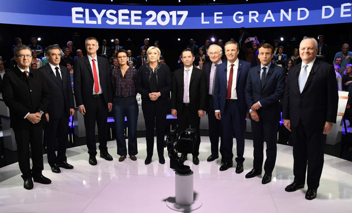日前電視台史無前例邀請 11 位法國總統參選人同台辯論，梅朗雄表現被指最為突出。　圖片來源：路透社