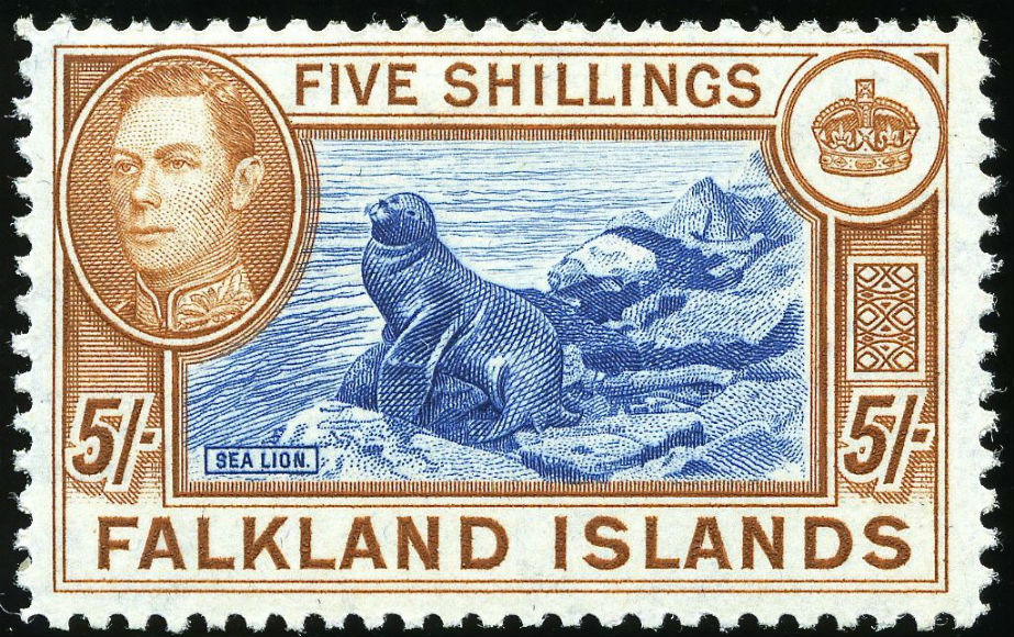 1937 年英屬福克蘭群島郵票設計。君主肖像為英王佐治六世，以鵝蛋型呈現，圖案為海獅。