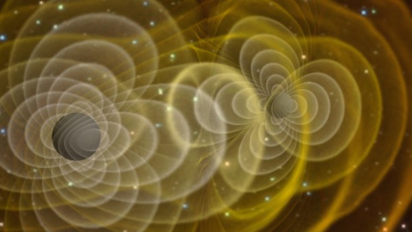 兩個黑洞互轉釋出重力波。　圖片來源：NASA