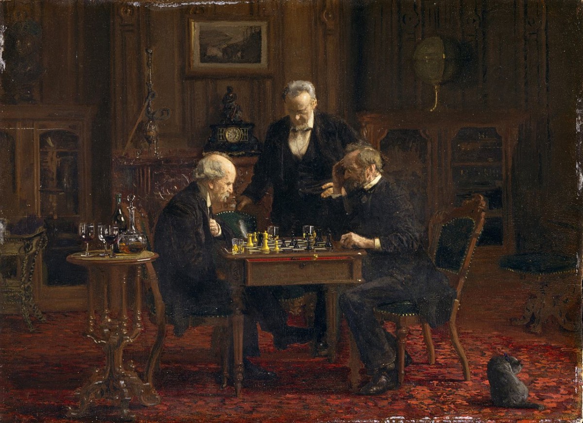 鍍金時代畫家 Thomas Eakins 1876 年畫作 「The Chess Players」。圖片來源：維基百科