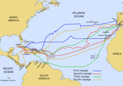 哥倫布的 4 次航行示意圖。圖片來源：wikipedia