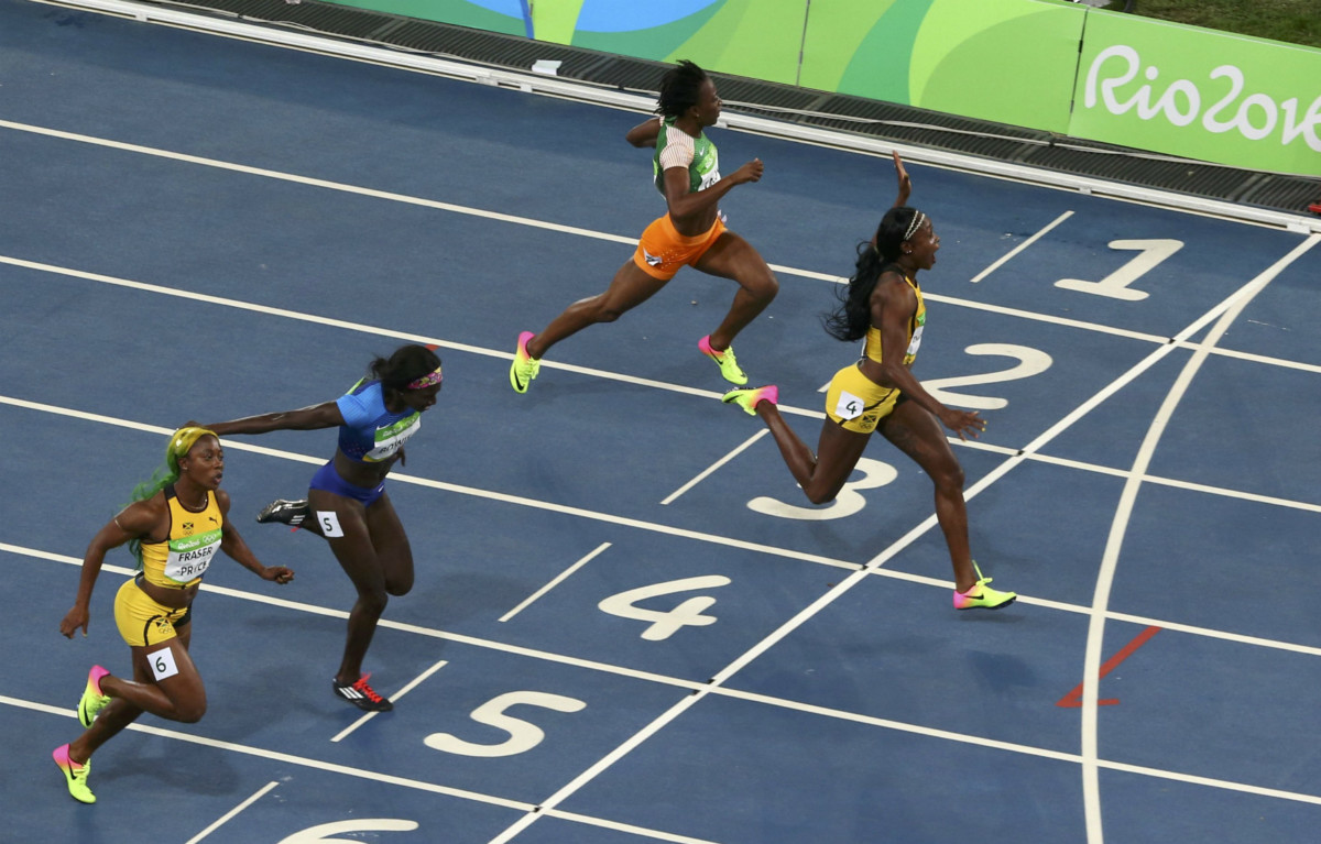 奧運 100 米女子短跑，牙買加包辦金銅。　圖片來源：路透社