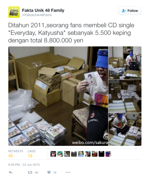 有 AKB48 粉絲購入數以百計的 CD，以表支持。 圖片來源：FaktaUnik48Fams/Twitter