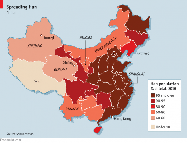 愈深色代表漢族佔地區人口比例愈高。　圖片來源：經濟學人