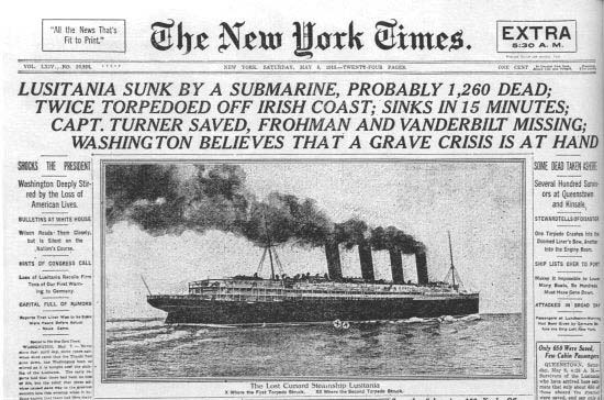 1917 年，德國攻擊美國客船「路西坦尼亞號」，結果觸發美國加入一戰。 