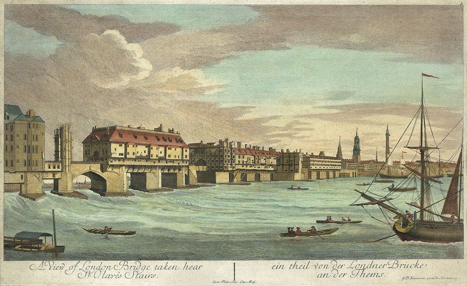 1750 年的倫敦橋。　圖片來源：Wikipedia Commons