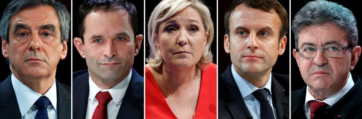 5 位法國總統參選人代表：（左起）菲永、哈蒙、馬琳勒龐、馬克宏、梅朗雄。　圖片來源：路透社